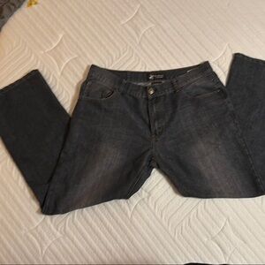 Black Straight Leg Jeans with Worn Look and Slight Sheen